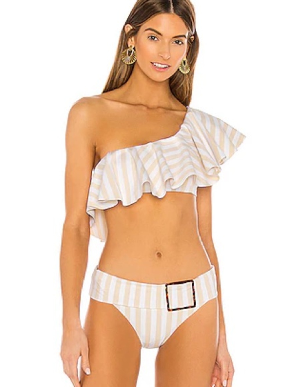 WeWoreWhat One-Shoulder Ruffle Bikini in Beige and White Stripes